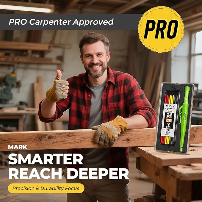 Nicpro CP3000 Carpenter Pencil with Sharpener, 2.8 mm Mechanical Pencils with 19 Refills, Deep Hole Marker for Construction, Heavy Duty Woodworking Pencil, Carpenter Tools for Architect Marking(Green)-DeskLoop Office