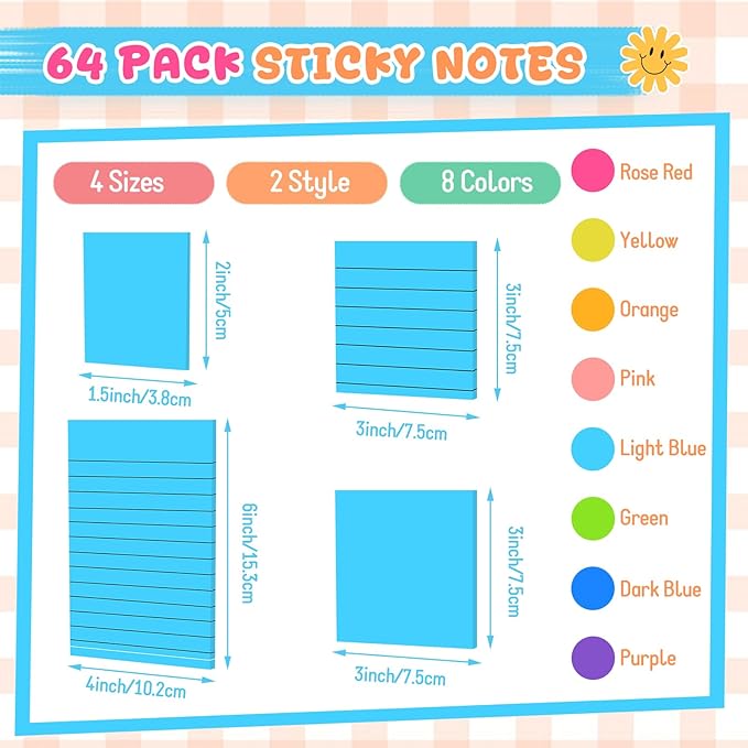 Leinuosen 64 Pack Lined Sticky Notes Self Stick Notes with Lines Bright Assorted Colors Sticky Pad for Home Office Products Post Memos, 2560 Sheets-DeskLoop Office
