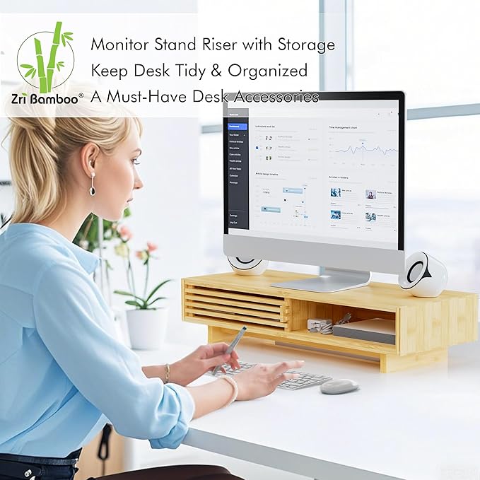 Zri Bamboo Computer Monitor Stand with Drawer, Dual Laptop Stand for Desk,Single Monitor Riser with Storage,Wood Office Desk Organizer & Accessories-DeskLoop Office