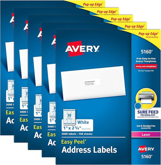 Avery Easy Peel Printable Address Labels with Sure Feed, 1" x 2-5/8" Customizable Stickers, White, 15,000, Great for Mailing, Shipping, and More (5-Pack of 5160)-DeskLoop Office