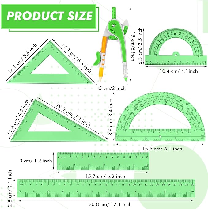 Zonon 1 Set Plastic Geometry Math Set 7 Pcs Includes 6'' / 4 '' Protractor, Drawing Compass, 45/60 Degree Triangle Rulers, 12'' / 6'' Math Ruler Transparent for Office Supplies(Green)-DeskLoop Office