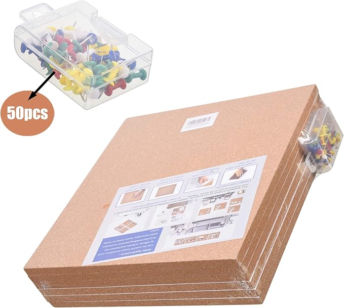 SUNGIFT Cork Board 12"x12" - 1/2" Thick Square Bulletin Boards 6 Pack Cork Tiles with 50 Push Pins Mini Wall Self-Adhesive Corkboards Tiles for Wall-DeskLoop Office