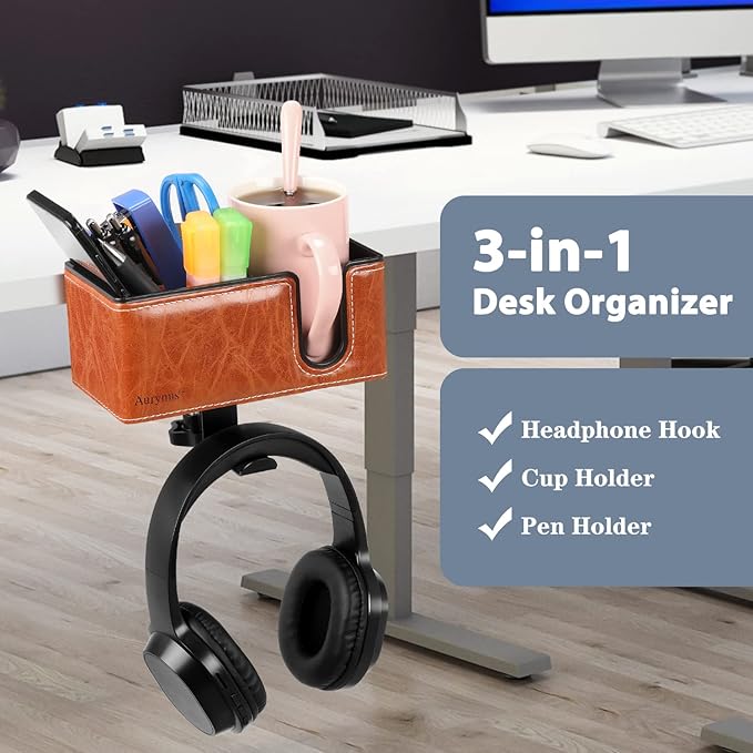 Desk Cup Holder Clip on Pen Holder Headphone Hanger Headset Stand Rotatable Clamp Hook Under Desk (Light Brown)-DeskLoop Office