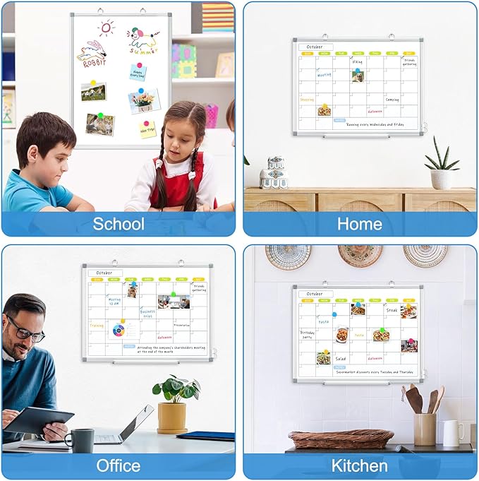 Dry Erase Calendar Whiteboard for Wall, WALGLASS 36" x 24" Magnetic White Board, Monthly Dry Erase Calendar with Silver Aluminum Frame, Double-Sided Hanging Portable Board for Office, Home, School-DeskLoop Office
