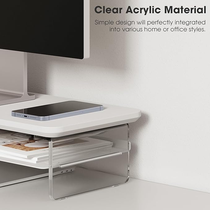 Fenge Acrylic Monitor Stand Riser, 23.6 Inches Monitor Stand with Metal Storage, 2 Tier Acrylic Computer Riser for Desk, Clear Laptop Stand for PC, Laptop, Printer, TV, White-DeskLoop Office