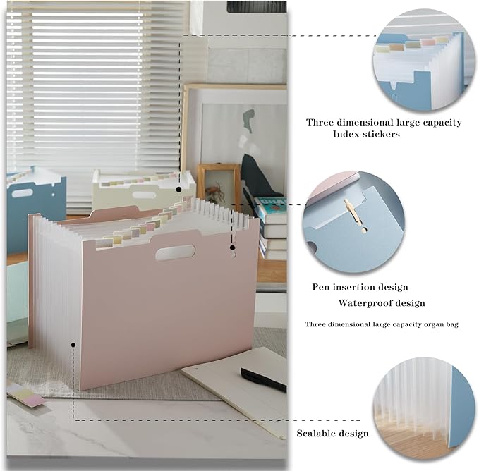 2-Piece Accordion Folder Manager, 12 Grid Expansion Pages, Portable Monthly Bill and Receipt Manager That Opens Upright, Colored Labels, School, Home, and Office letterhead/A4 Size, Pink-DeskLoop Office