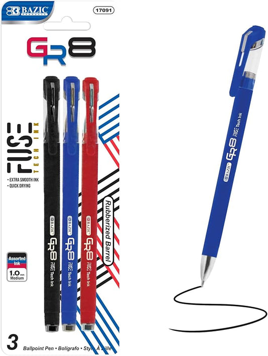 BAZIC Oil Gel Ink Pen, GR8 Assorted Colors w/Rubberized Barrel, 0.7 mm Medium Point Smooth Writing, for Office School (3/Pack), 24-Pack-DeskLoop Office