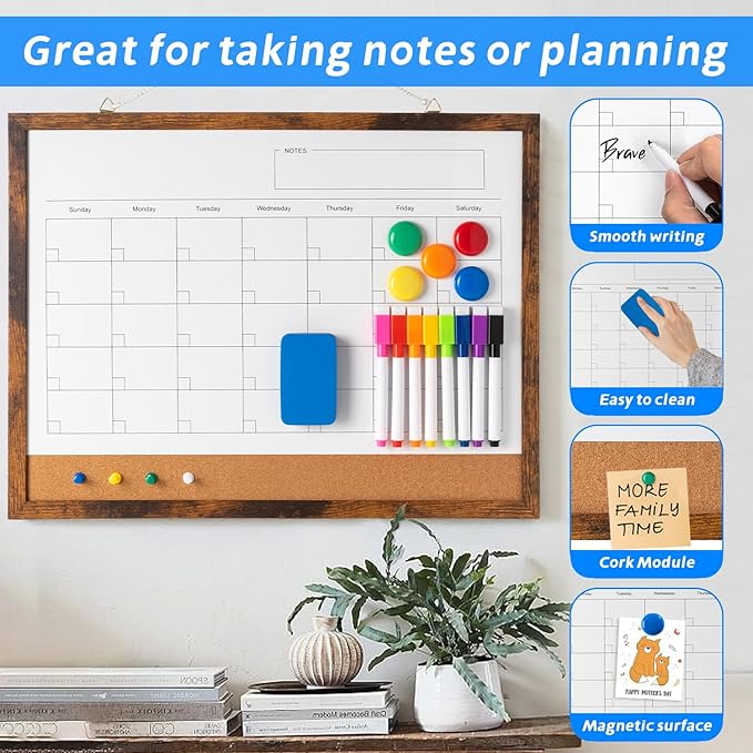 Dry Erase Calendar Whiteboard, 17" x 13" Magnetic Whiteboard Cork Board Combo, Reusable Monthly Planner with 8 Markers, Eraser, Magnets and Pushpins, Hanging Dry Erase Board for Home, School - Brown-DeskLoop Office