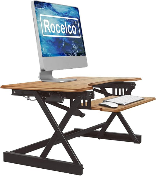 Rocelco 32" Height Adjustable Standing Desk Converter - Sit Stand Computer Workstation Riser - Dual Monitor Retractable Keyboard Tray Gas Spring Assist - Teak Wood Grain (R EADRT)-DeskLoop Office