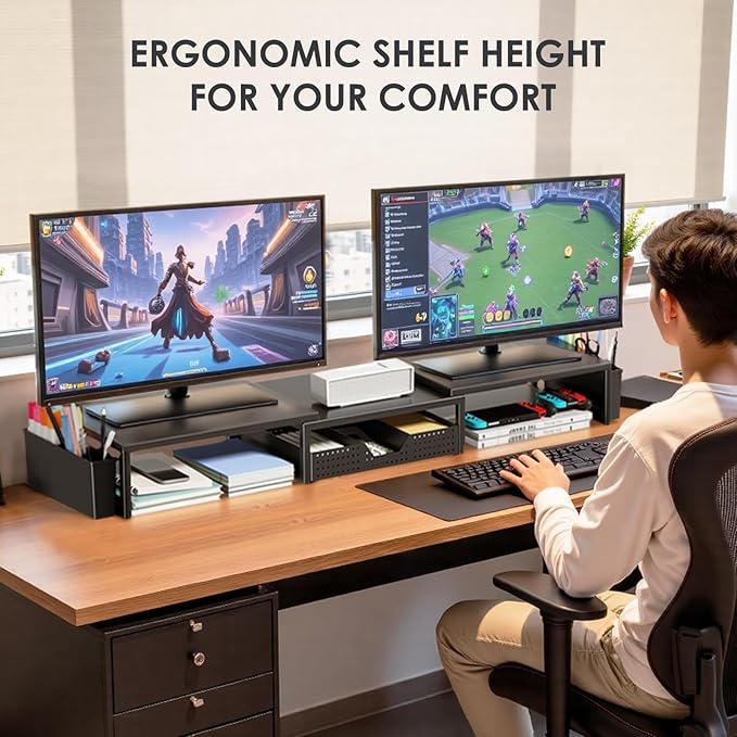 Desk Organizers and Accessories, Dual Monitor Stand Riser with Drawer and 2 Pen Holders, Desk Shelf Metal Computer Monitor Stand for Office Workspace Organizers, Desktop Organization (Black)-DeskLoop Office