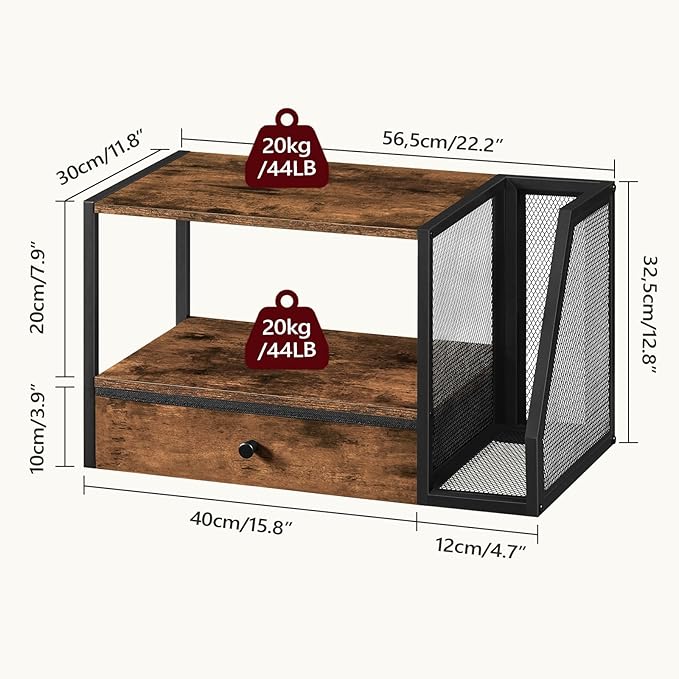 Home Printer Stand for Desk, Desktop Printer Table with Storage Drawer and Side Book Stand, 2-Tier Printer Shelf, Desk Organizer for Home Office, Rustic Brown and Black PTHR3001-DeskLoop Office