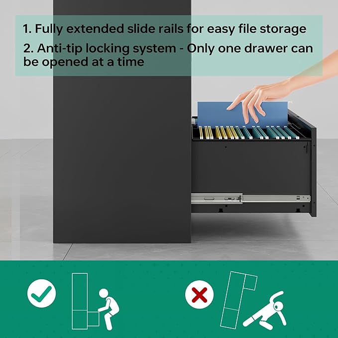 Letaya 5 Drawer File Cabinet with Lock,Metal Lateral Filing Cabinets for Home Office Hanging Files Letter/Legal/F4/A4 Size(Black-Requires Installation)