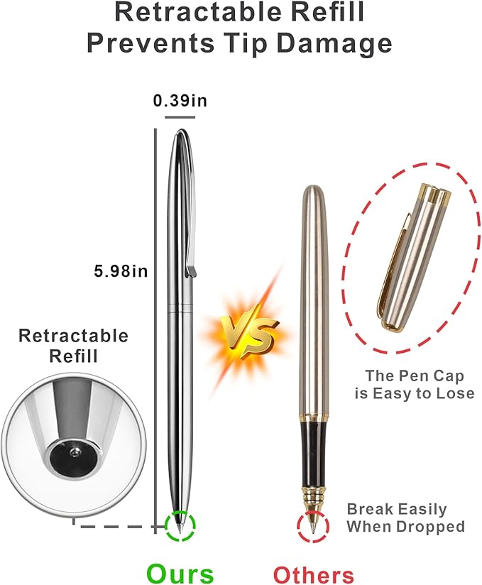 Cambond Metal Ballpoint Pens - Black Ink Fancy Pens 1.0mm Medium Point Bulk for Guest Book Uniform Christmas Gift, 3 Pens with 6 Refills (Silver)-DeskLoop Office