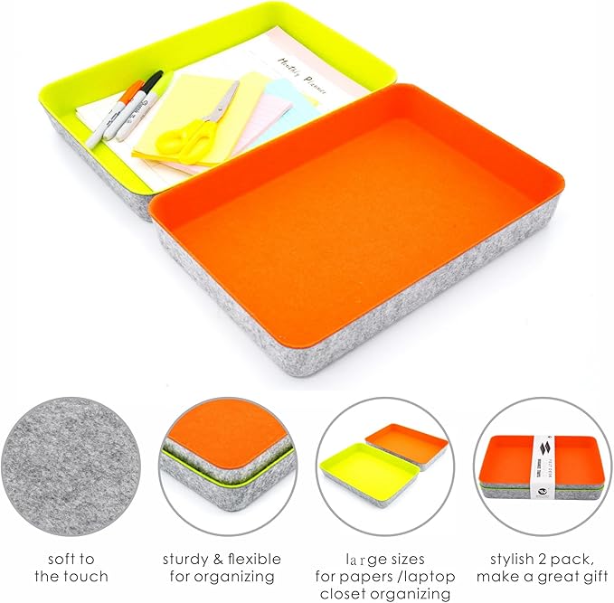 Welaxy 2-piece Office desk drawer organizer tray letter-size documents A4 paper book file Folder Holder storage bins (Orange + Green)-DeskLoop Office