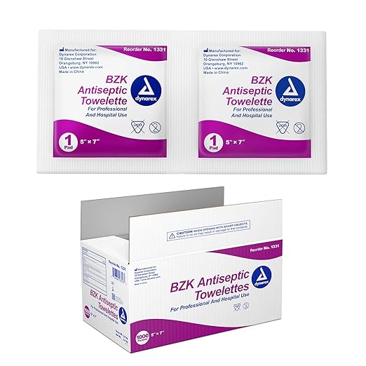 Dynarex BZK Antiseptic Towelettes - 5"x7" - Benzalkonium Chloride, Hand Sanitizing Wipes or First Aid Wound Wipes, 1 Case of 1000 (Packaging May Vary)-DeskLoop Office