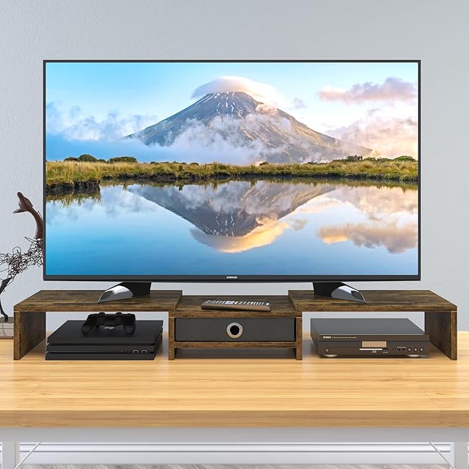 WESTREE Dual Monitor Stand Riser with Drawer, 3 Shelf Computer Monitor Riser with Adjustable Length and Angle, Desktop Monitor Stand Riser Storage Organizer for 2 Monitors-DeskLoop Office