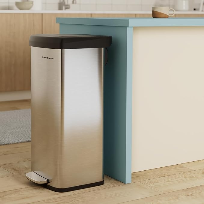 SONGMICS Kitchen Trash Can, 18-Gallon Stainless Steel Garbage Can, with Stay-Open Lid and Step-on Pedal, Soft Closure, Tall, Large and Space-Saving, Silver and Black ULTB520E68-DeskLoop Office