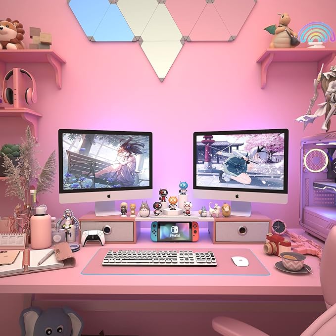 WESTREE Dual Monitor Stand Riser with Two Drawers, Extra Large Storage Monitor Stand for 2 Monitors, Desktop Oraganizer Stand for Computer,Laptop,Screen,Printer,TV-DeskLoop Office