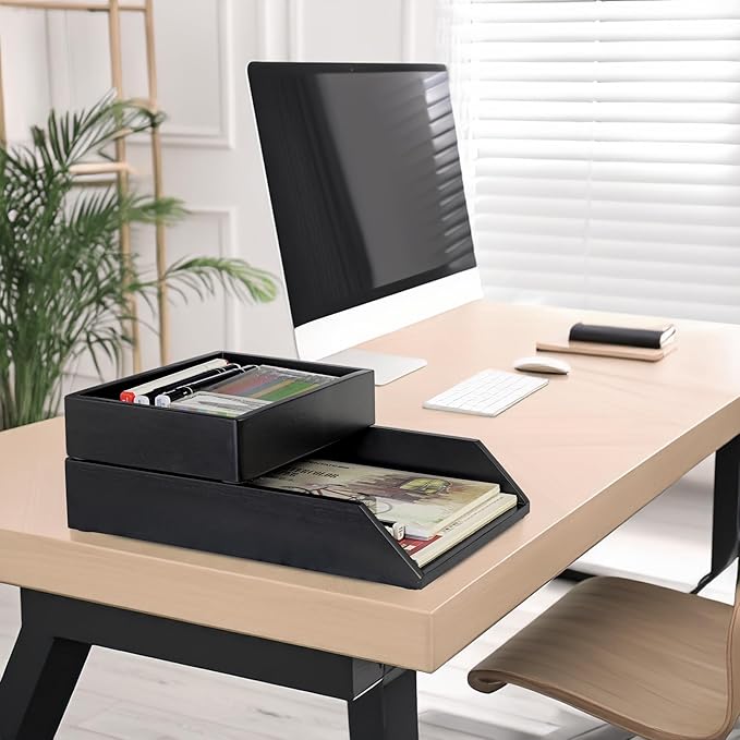 Demigo Desk Organizer Letter Tray Set of 2, Acacia Wood Tabletop Desktop for Storage Paper Letter Folders Notebooks Copy Print, Workspace Holder, Keep Stationery Saver (Black)-DeskLoop Office
