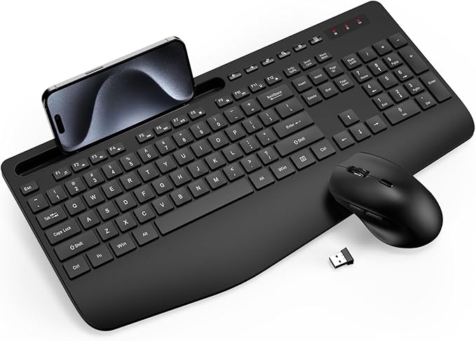 Wireless Keyboard and Mouse Combo - Full-Sized Ergonomic Keyboard with Wrist Rest, Phone Holder, Sleep Mode, Silent 2.4GHz Cordless Keyboard Mouse Combo for Computer, Laptop, PC, Mac, Windows -Trueque-DeskLoop Office