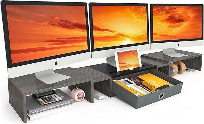 WESTREE Triple Dual Monitor Stand Riser with Drawer,Extra Large Adjustable for 2~3 Monitors,Solt for Phone & Tablet, Desktop Organizer Stand for Computer,Laptop,Printer,TV-DeskLoop Office