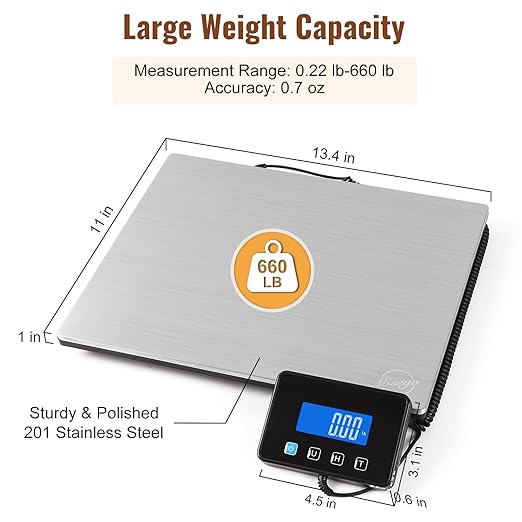 Miseyo 660lbs Heavy Duty Digital Shipping Scale - 0.7oz High Accurate Stainless Steel Postal Scale for Packages, Luggage, Small Business, Warehouse, Battery & Charging Cable Included-DeskLoop Office