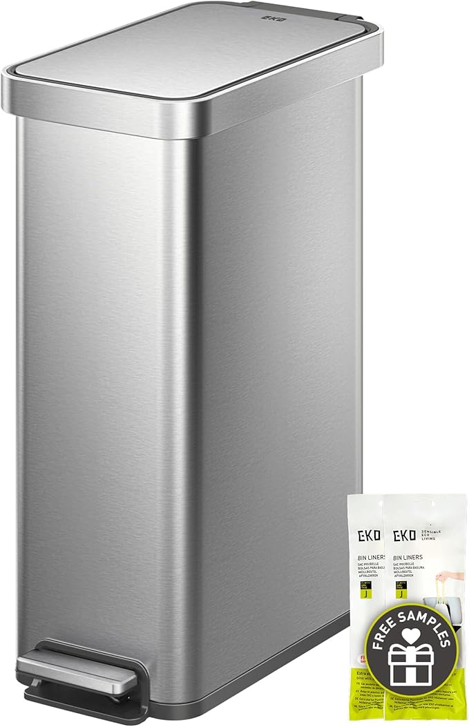 EKO Hudson Slim 50L / 13.2 Gallon Kitchen Trash Can with Lid, Stainless Steel Step Garbage Can for Kitchen or Home, Space-Saving Garbage Can with Soft Close Lid, Stay-Open, Liner Ring, Handle-DeskLoop Office