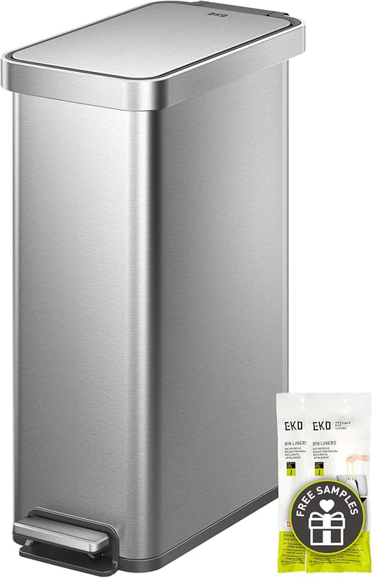 EKO Hudson Slim 50L / 13.2 Gallon Kitchen Trash Can with Lid, Stainless Steel Step Garbage Can for Kitchen or Home, Space-Saving Garbage Can with Soft Close Lid, Stay-Open, Liner Ring, Handle-DeskLoop Office