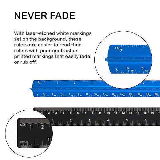 Set of 3 Aluminum Engineering Scale Metal Ruler Set, Architectural Scale Rulers 12 Inch and 6 Inch Triangle Ruler and 12 Inch Straight Edge Ruler Drafting Tools for Architects, Draftsman-DeskLoop Office