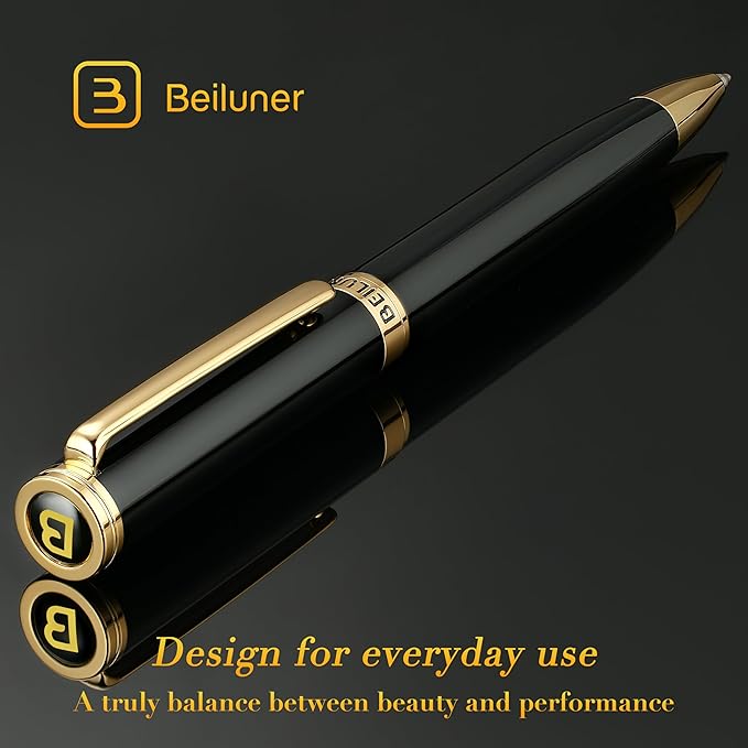 BEILUNER Luxury Gel Pen with 24K Gold Finish, Black Piano Lacquer, Luxury Grade Craftsmanship, Best Pen Gift Set for Men and Women, Professional, Executive, Office, Retractable Nice Pens-DeskLoop Office