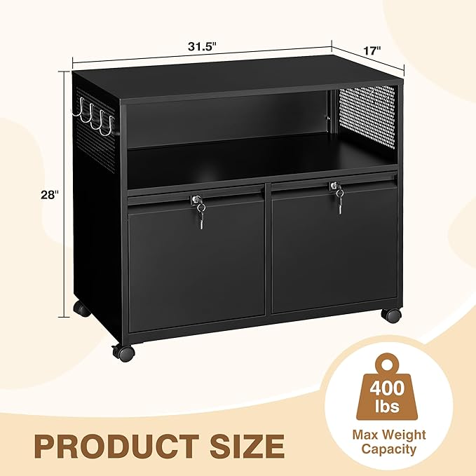 Mobile Filing Cabinet with Lock,Metal Lateral File cabinets Printer Stand with Storage Cabinets for Home Office,A4/F4/Letter (Black)-DeskLoop Office