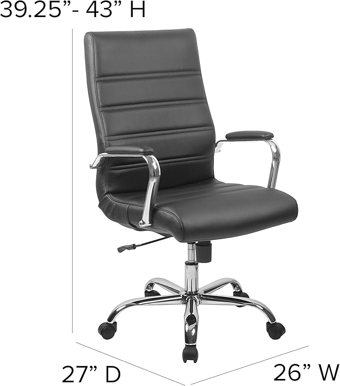 Flash Furniture Whitney High-Back Swivel LeatherSoft Desk Chair with Padded Seat and Armrests, Adjustable Height Padded Office Chair, Black/Chrome-DeskLoop Office