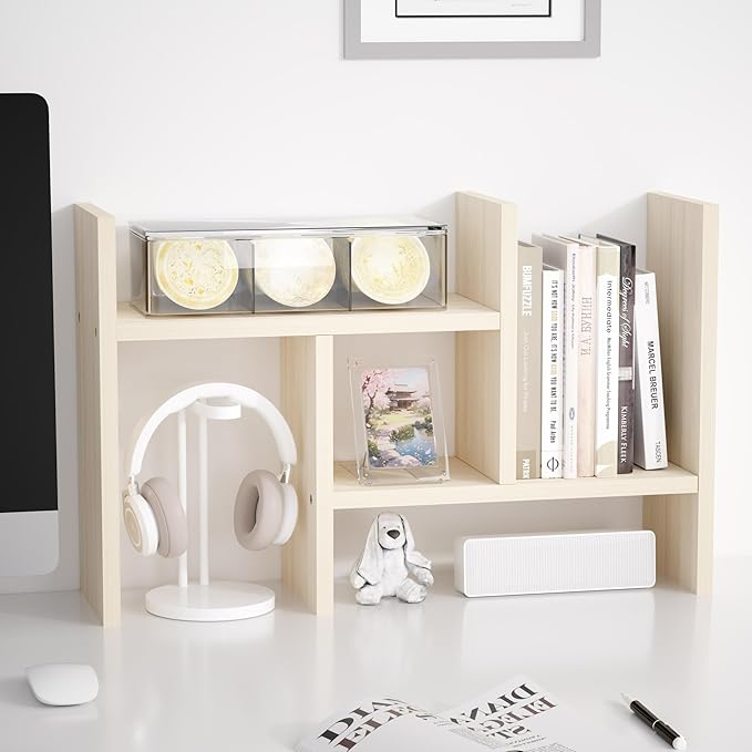Jerry & Maggie Desktop Organizer Office Storage Rack Adjustable Wood Display Shelf Free Style Double H, Multi-Functional Mini Bookshelf for Desk Natural Stand (White Wood Tone)-DeskLoop Office