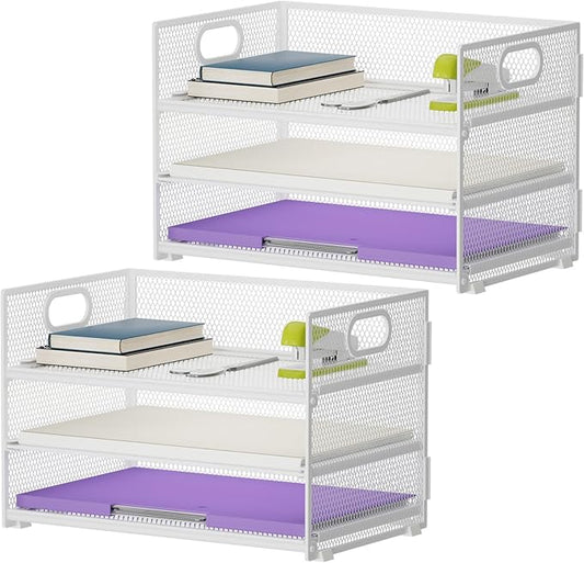 Marbrasse 3 Tier Paper Organizer Letter Tray, Mesh File Organizer with Handle, Paper Sorter Desk Organizer for Home Office Supplies - 2p Pink-DeskLoop Office