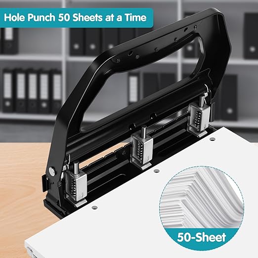 AFMAT Heavy Duty 3 Hole Punch, 50-Sheet, 50% Reduced Effort, Adjustable Two & Three Hole Punch, Metal Paper Puncher w/Large Chip Tray, Metal Paper Guide, Black-DeskLoop Office