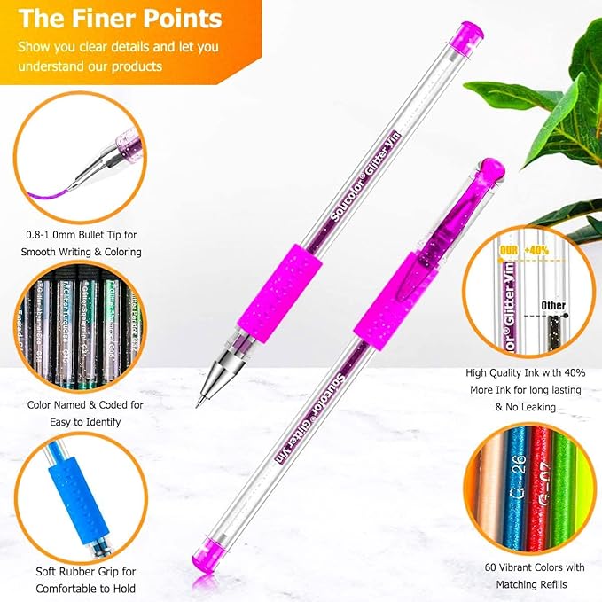 Soucolor Cute Office School Supplies Gifts for Women Teen Girl Birthday, 120 Pack Glitter Gel Pens-60 Glitter Pens, 60 Refills and Travel Case, Japanese Stationary Nurse Cool Gifts for Coworkers-DeskLoop Office