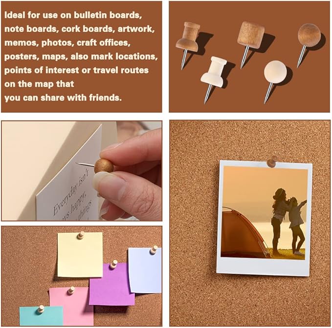 60 Pcs Wood Push Pins, 2 Colors and 5 Types Decorative Thumb Tacks Wooden Head Pin Map Tacks Marking Pin, Wood Thumb Tacks Decorative for Bulletin Boards Craft Projects with Storage Box-DeskLoop Office