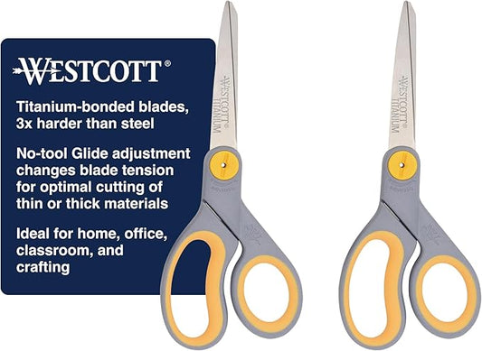 Westcott 8-Inch Titanium-Bonded Scissors with Adjustable Glide Feature for Office and Home - Gray/Yellow, 2-Pack-DeskLoop Office