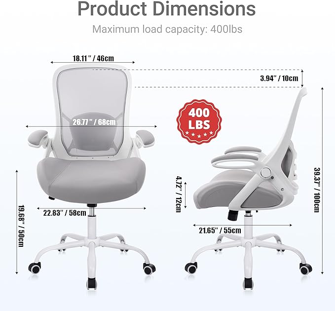 HYLONE 400lbs Heavy Duty Office Chair, 5" Thickened Seat Ergonomic Desk Chair with Adjustable Armrests, Home Office Computer Chairs for Long Hours Mesh Executive Chair(Grey)-DeskLoop Office
