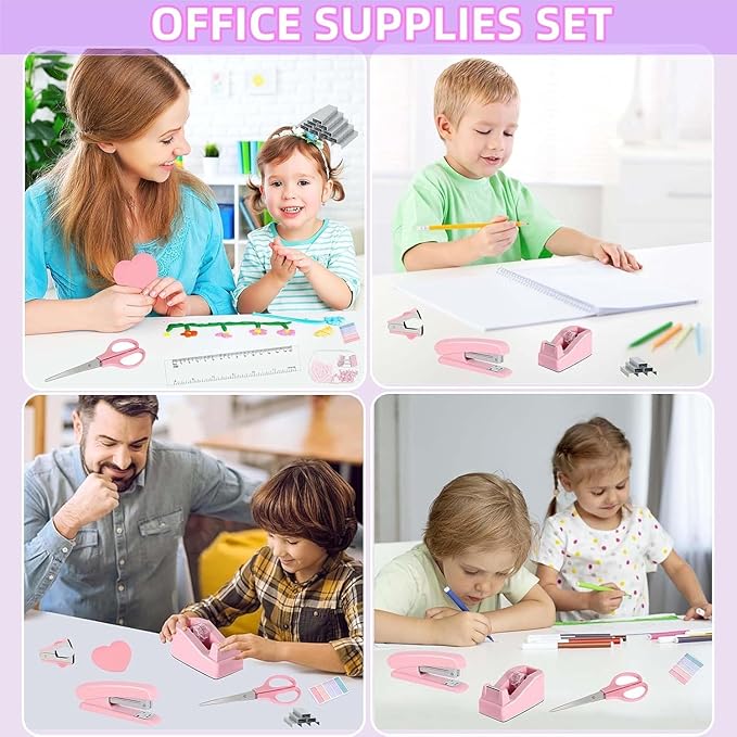 Office Desk Accessories, Pink Office Supplies Set Desk Accessories for Women, Cute Office Supplies with Stapler, Mini Stapler, Staple Remover, Tape, Clips, Scissor and Tabs, Stationary Set for Student-DeskLoop Office