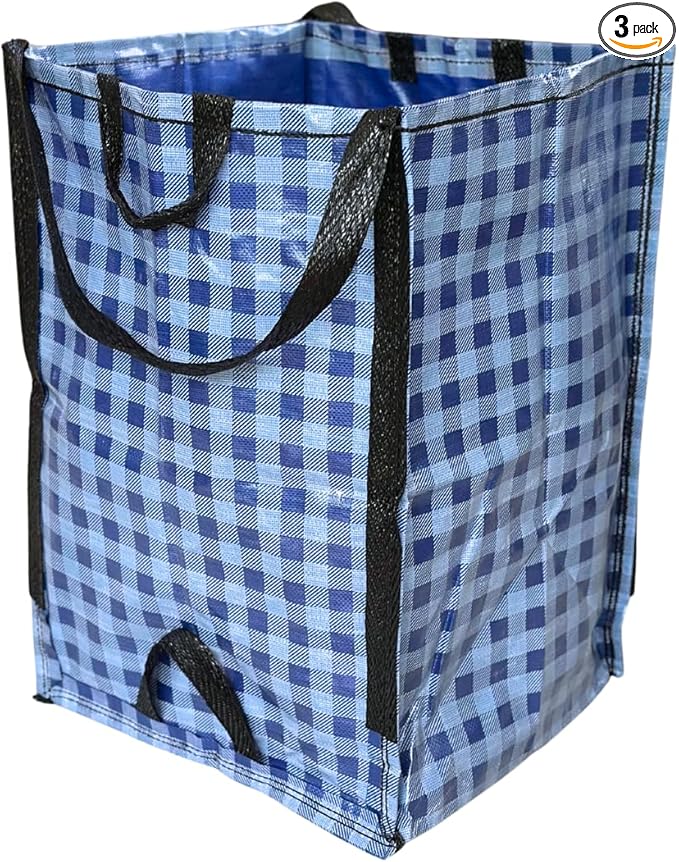 DURASACK Heavy Duty Home and Yard Bags 48-Gallon Reusable Self-Standing Lawn and Leaf Bags Garbage Can with Reinforced Handles, Gingham Blue, 3 Pack-DeskLoop Office