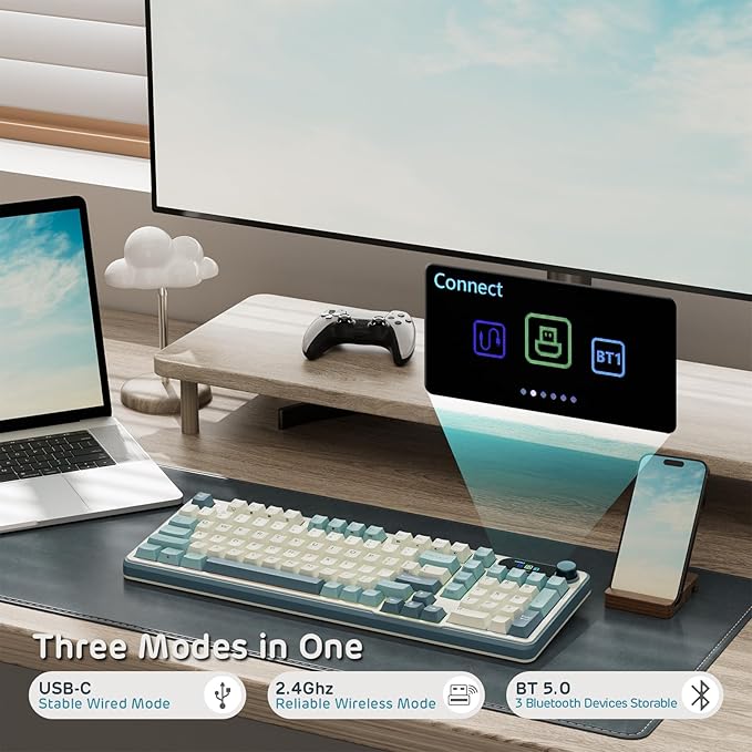 RK ROYAL KLUDGE S98 Mechanical Keyboard w/Smart Display & Knob, Top Mount 96% Wireless Mechanical Keyboard BT/2.4G/USB-C, Hot Swappable, Software Support, Creamy Sounding, 98 Keys-DeskLoop Office