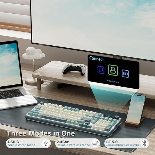 RK ROYAL KLUDGE S98 Mechanical Keyboard w/Smart Display & Knob, Top Mount 96% Wireless Mechanical Keyboard BT/2.4G/USB-C, Hot Swappable, Software Support, Creamy Sounding, 98 Keys-DeskLoop Office