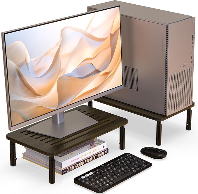 2 Pack Bamboo Monitor Stand Riser, 4 Adjustable Height, Laptop Stand with Airflow Vents, Desk Organizer for Computer, PC, Printer (Wenge)-DeskLoop Office