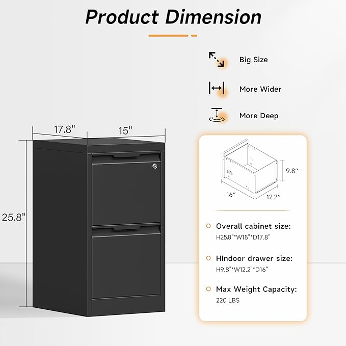 2 Drawer File Cabinet, 17.8" Deep Filing Cabinet for Home Office, Metal Vertical File Cabinet with Lock for Letter/Legal/A4/F4 Size, Easy Assemble (Black)