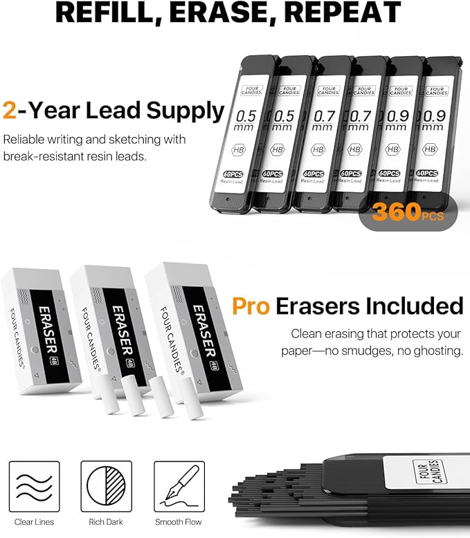 Four Candies Metal Mechanical Pencil Set - 3PCS 0.5 & 0.7 & 0.9 mm Art Pencils & 360PCS HB Lead Refills & 3PCS Erasers & 9PCS Eraser Refills, for Drawing, Writing, Sketching, Drafting - With Case-DeskLoop Office