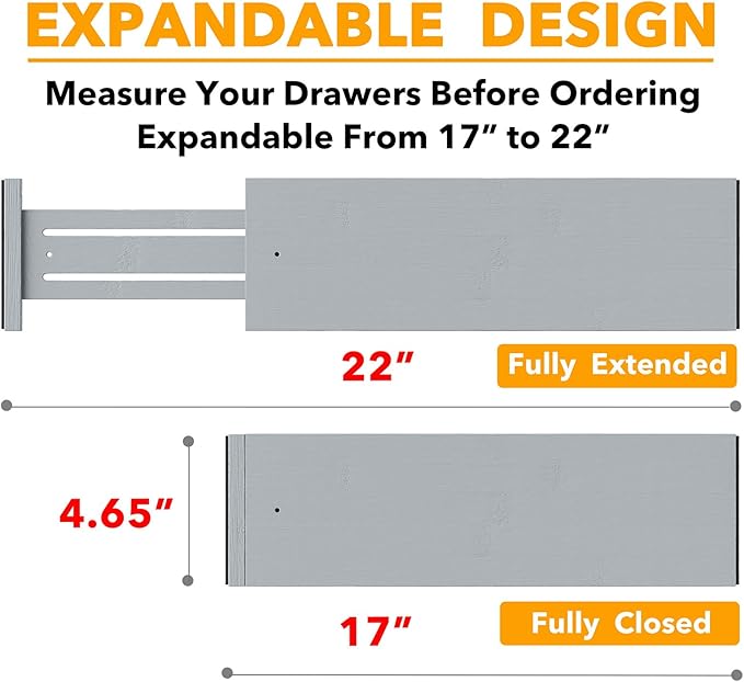 SpaceAid Bamboo Dresser Drawer Dividers 6 Pack, 4.65“ High Adjustable 17“-22” Drawer Organizers, Expandable Organization for Clothing, Clothes, Dressers, Gray-DeskLoop Office