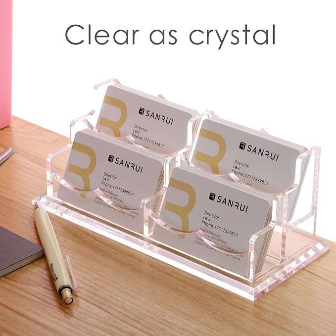 SANRUI Clear Horizontal Business Card Holder Stand for Desk, Acrylic Desktop Display Name Cards Holders Organizer Storage Rack,for Exhibition, Home , Office ,2 Tier 4 Pocket, 240 Card Capacity-DeskLoop Office