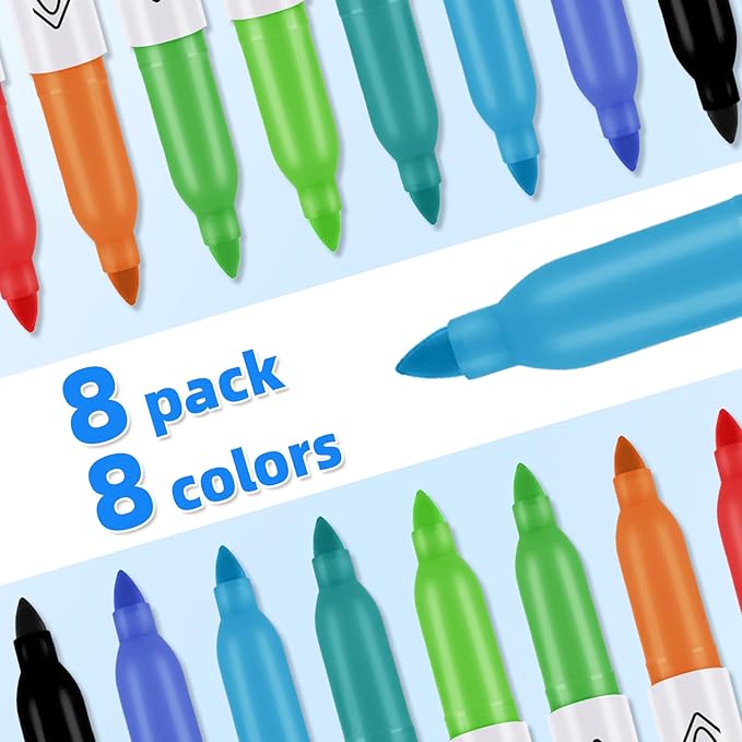 Permanent Markers Assorted Colors Set, 8 Colored Markers 8 Pack, Fine Point,Works on Wood, Plastic, Metal, and More, for Adults, Artist, Taecher, Kids