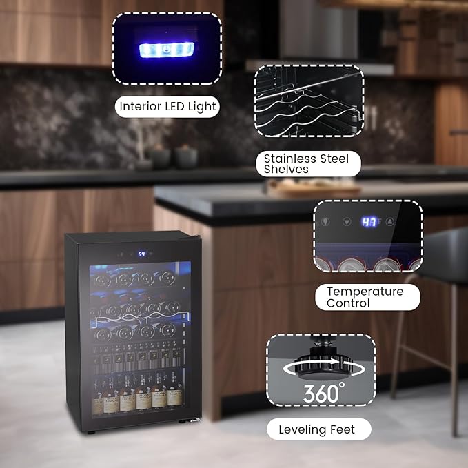 37 Bottle Wine Fridge,Freestanding 145 Can Beverage Refrigerator with Smart Temperature Control,4.5 CU FT Quiet Mini Fridge with Child Lock Panel for Family Restaurant Bar, Black-DeskLoop Office